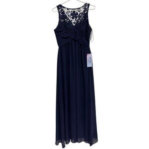 Simply Crochet Lace Chiffon Gown Size M Pleated Navy Blue Bridesmaid Elegant NEW